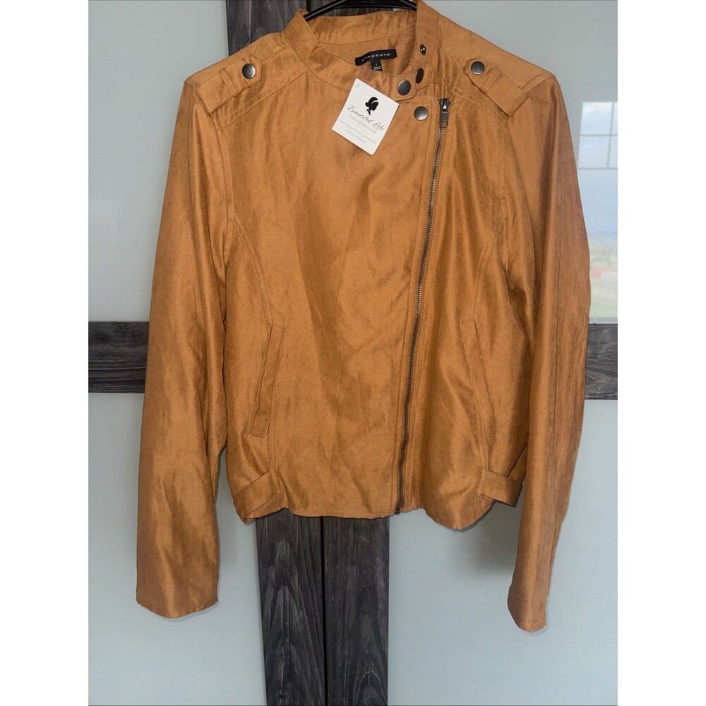 STACCATO Jacket Women's Size Large Camel Brown Moto Asymmetric Full Zip Belted